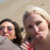 Slutty babe Georgie Lyall invites girlfriend for threeway sex on the beach