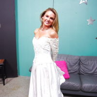 Clothed bride Amanda Blow shedding wedding dress before MMF sex