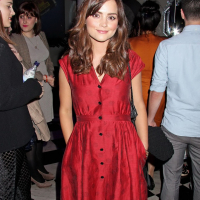Jenna Louise Coleman wearing red hot polka dot dress at the Charlie And The Choc