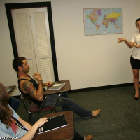 Slutty teacher Cheyenne Jewel embarassing guy in front of everyone by wanking hi