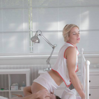 Blonde hardcore slut Nikky Dream in nurse uniform sucking cock facesitting