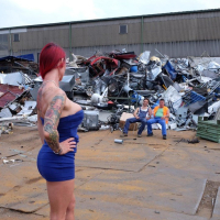 Horny redhead Julia Exclusiv gets plundered by shady guys in garbage yard