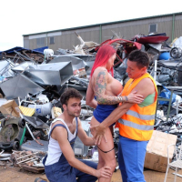 Horny redhead Julia Exclusiv gets plundered by shady guys in garbage yard