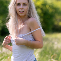 Gorgeous blonde babe Dee Vine flashes her nice naked titties in nature
