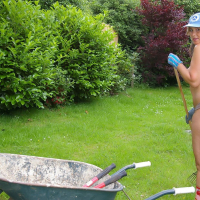 Nude MILF Chrissy works hard outside in the garden