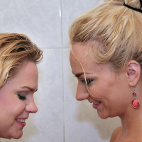 Seductive european blonde Barra Brass taking a shower with her girlfriend
