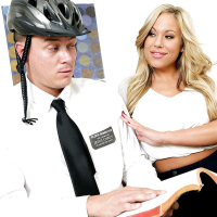 Blonde pornstar Olivia Austin seducing man in uniform with large boobies