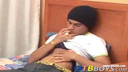 Hot little twink Alfredo wanks his hard shaft in a bedroom