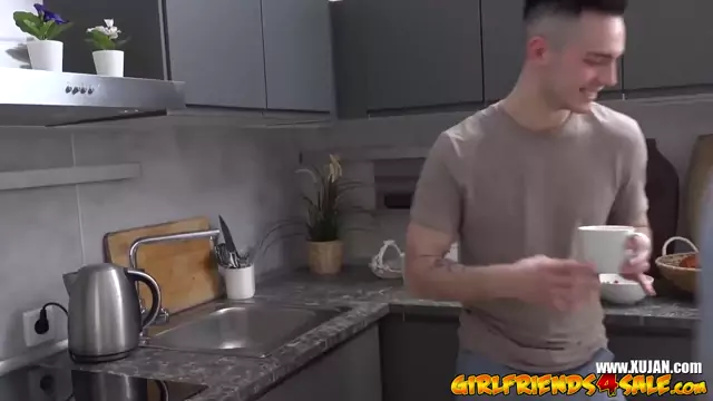 Young teen gets cum on face next to her cuckold BF