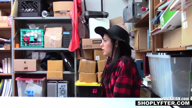 Sexy shoplifter fucking two guys to get out of trouble