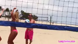 Bikini girlfriends having fun on the sun on a public beach then in a private pool