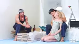 Two big veiny cocks crammed into teen Via Lascivas tight shaved pussy butthole