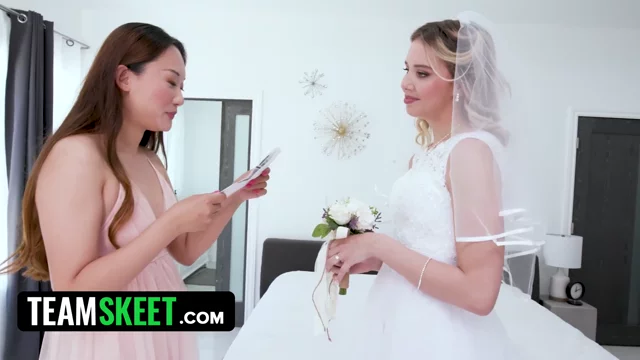 Blonde bride Sophia Sterling gives head then rides some dick on wedding day