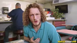 Big Titted ginger mature waitress flashes tits for a bigger tip